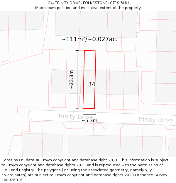 34, TRINITY DRIVE, FOLKESTONE, CT19 5UU: Plot and title map