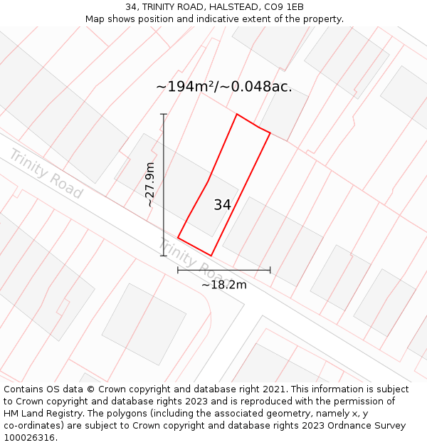 34, TRINITY ROAD, HALSTEAD, CO9 1EB: Plot and title map
