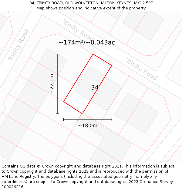 34, TRINITY ROAD, OLD WOLVERTON, MILTON KEYNES, MK12 5PB: Plot and title map