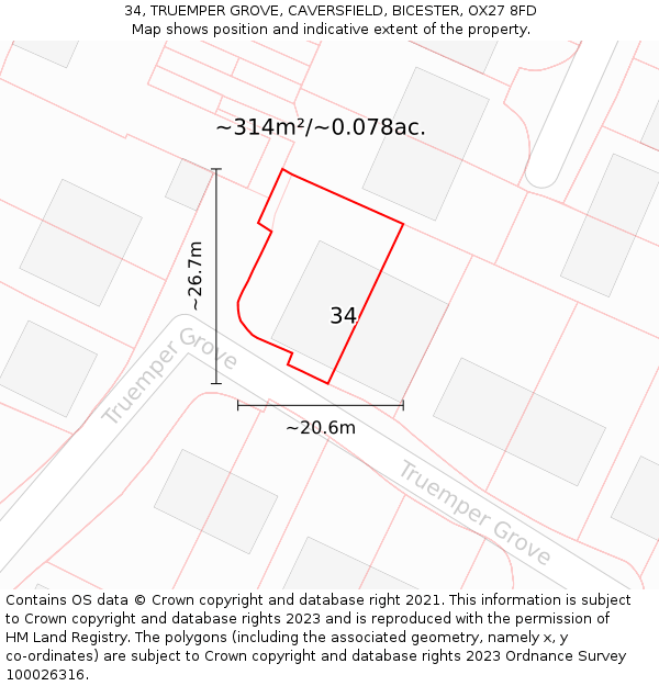 34, TRUEMPER GROVE, CAVERSFIELD, BICESTER, OX27 8FD: Plot and title map