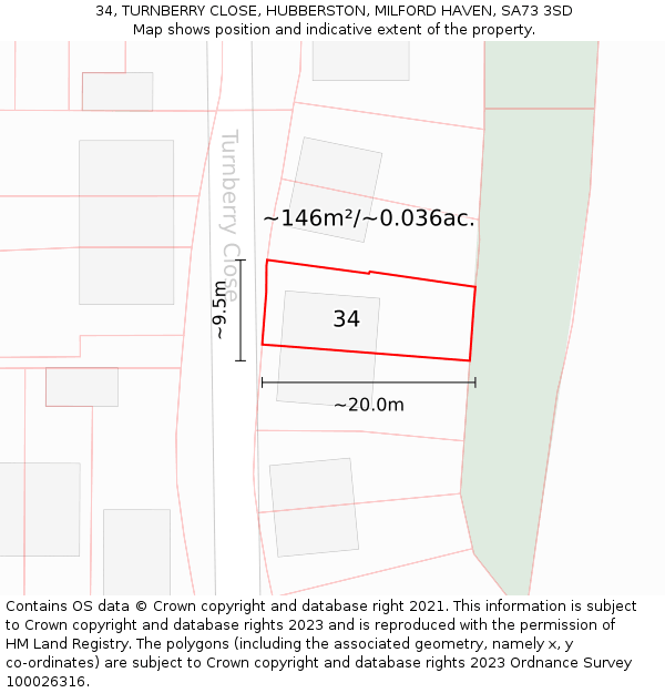 34, TURNBERRY CLOSE, HUBBERSTON, MILFORD HAVEN, SA73 3SD: Plot and title map