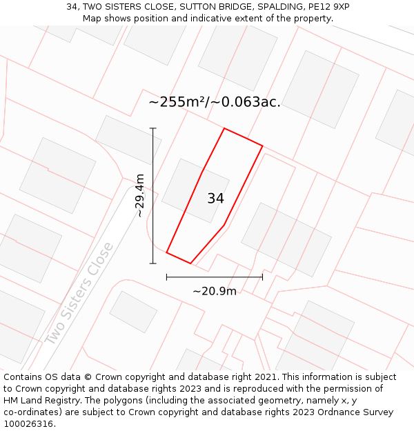 34, TWO SISTERS CLOSE, SUTTON BRIDGE, SPALDING, PE12 9XP: Plot and title map