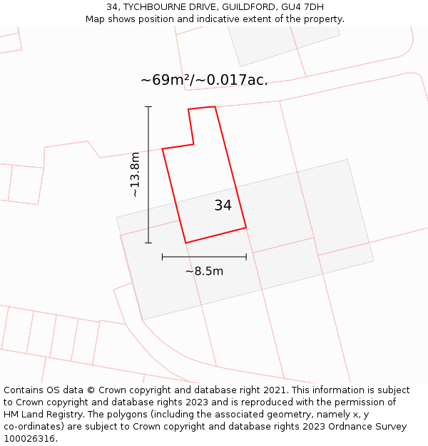 34, TYCHBOURNE DRIVE, GUILDFORD, GU4 7DH: Plot and title map