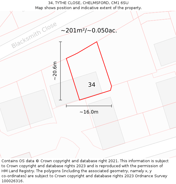 34, TYTHE CLOSE, CHELMSFORD, CM1 6SU: Plot and title map