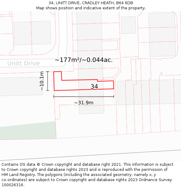 34, UNITT DRIVE, CRADLEY HEATH, B64 6DB: Plot and title map