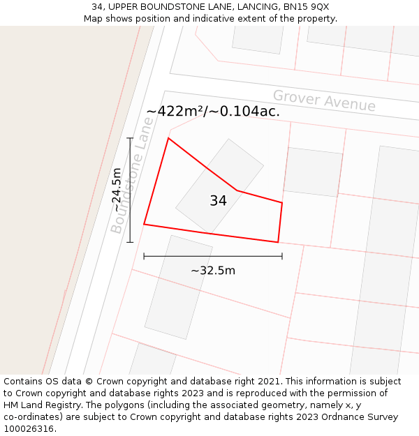 34, UPPER BOUNDSTONE LANE, LANCING, BN15 9QX: Plot and title map