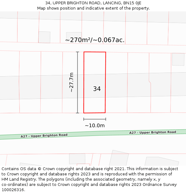 34, UPPER BRIGHTON ROAD, LANCING, BN15 0JE: Plot and title map