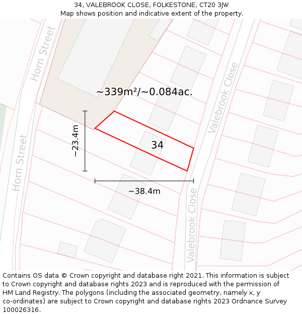 34, VALEBROOK CLOSE, FOLKESTONE, CT20 3JW: Plot and title map