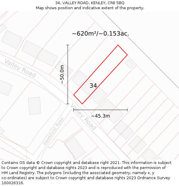 34, VALLEY ROAD, KENLEY, CR8 5BQ: Plot and title map