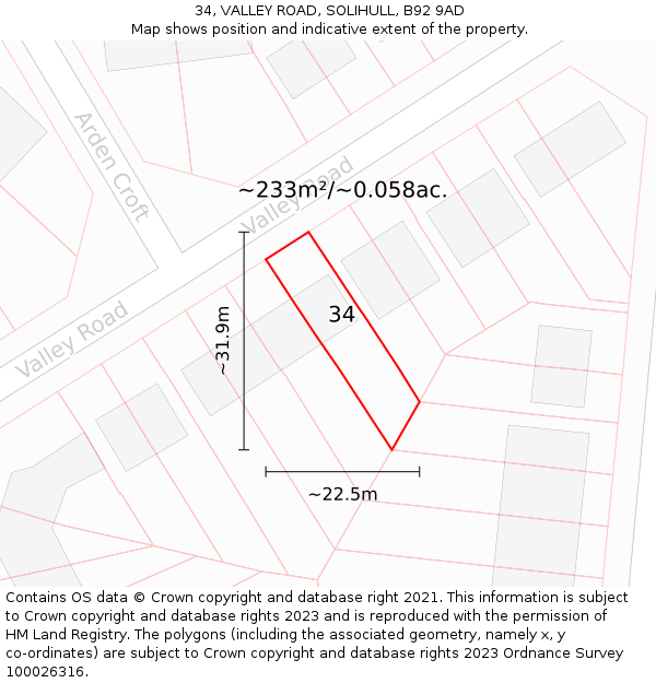 34, VALLEY ROAD, SOLIHULL, B92 9AD: Plot and title map