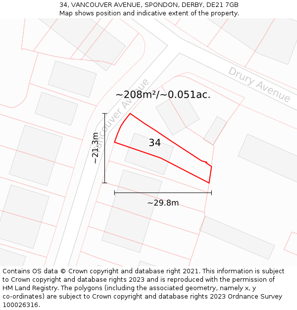34, VANCOUVER AVENUE, SPONDON, DERBY, DE21 7GB: Plot and title map