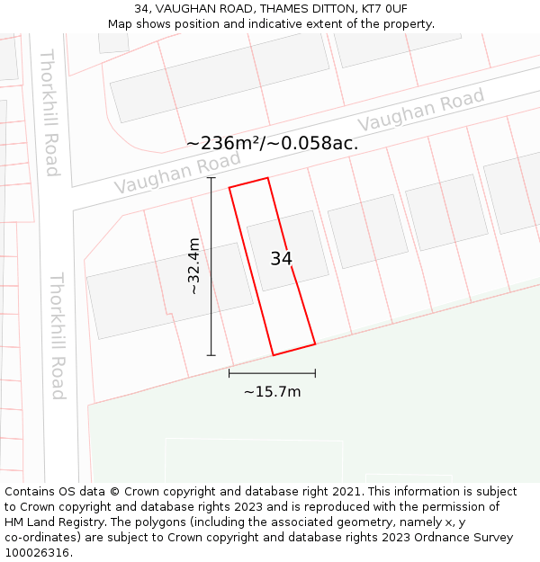 34, VAUGHAN ROAD, THAMES DITTON, KT7 0UF: Plot and title map