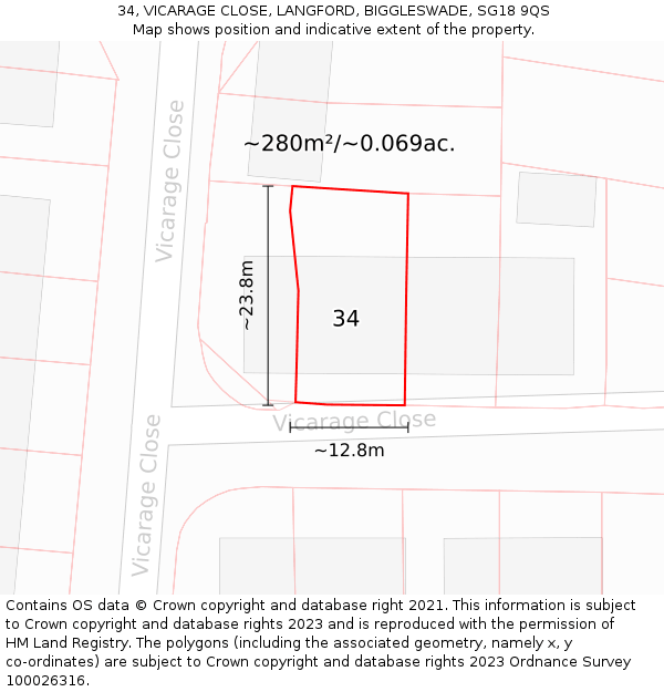 34, VICARAGE CLOSE, LANGFORD, BIGGLESWADE, SG18 9QS: Plot and title map