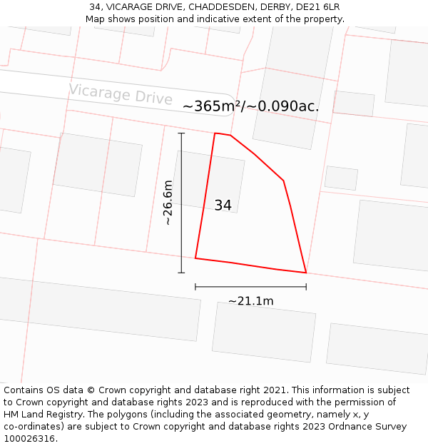 34, VICARAGE DRIVE, CHADDESDEN, DERBY, DE21 6LR: Plot and title map