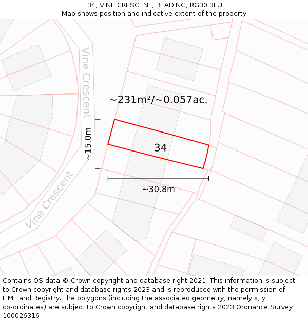 34, VINE CRESCENT, READING, RG30 3LU: Plot and title map
