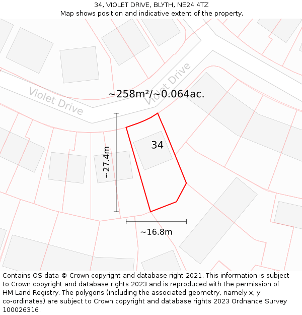 34, VIOLET DRIVE, BLYTH, NE24 4TZ: Plot and title map