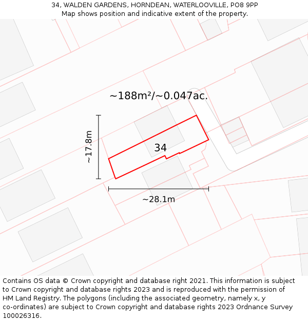 34, WALDEN GARDENS, HORNDEAN, WATERLOOVILLE, PO8 9PP: Plot and title map