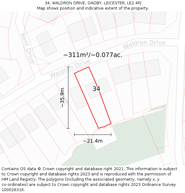 34, WALDRON DRIVE, OADBY, LEICESTER, LE2 4PJ: Plot and title map