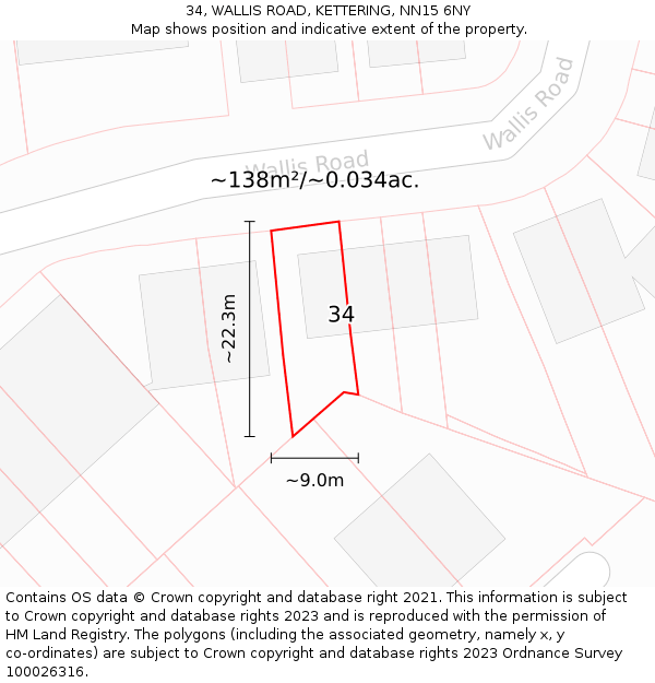 34, WALLIS ROAD, KETTERING, NN15 6NY: Plot and title map
