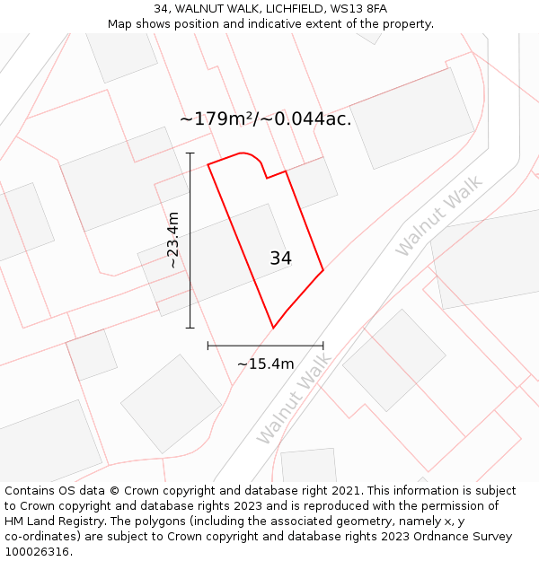 34, WALNUT WALK, LICHFIELD, WS13 8FA: Plot and title map