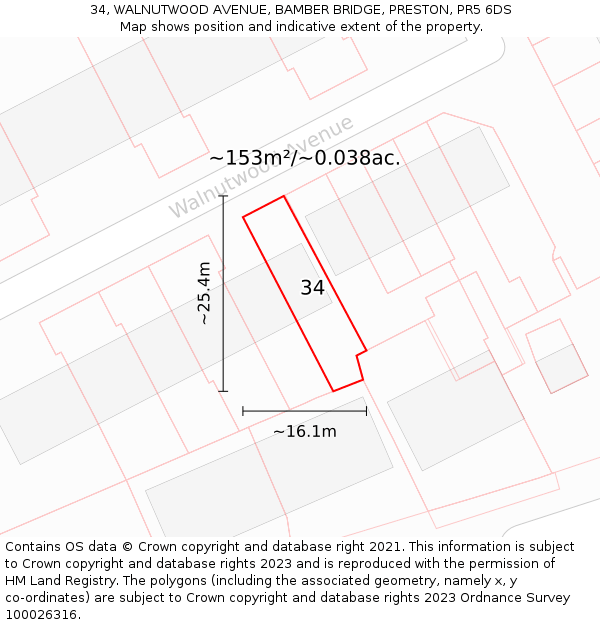 34, WALNUTWOOD AVENUE, BAMBER BRIDGE, PRESTON, PR5 6DS: Plot and title map