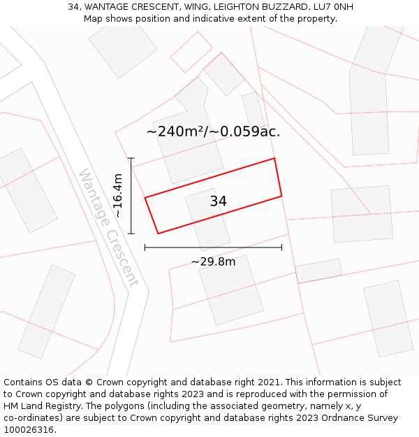 34, WANTAGE CRESCENT, WING, LEIGHTON BUZZARD, LU7 0NH: Plot and title map