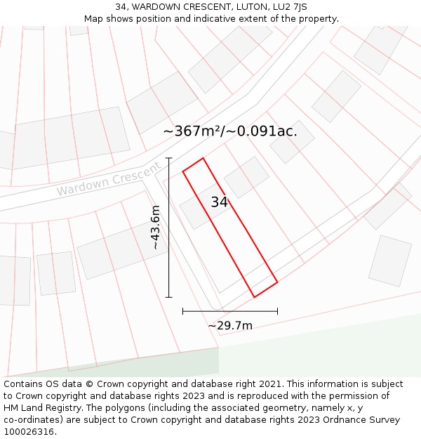 34, WARDOWN CRESCENT, LUTON, LU2 7JS: Plot and title map
