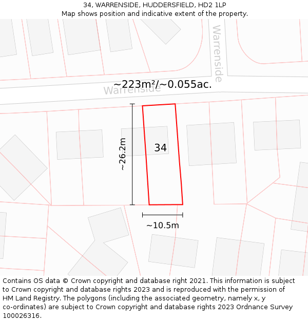 34, WARRENSIDE, HUDDERSFIELD, HD2 1LP: Plot and title map