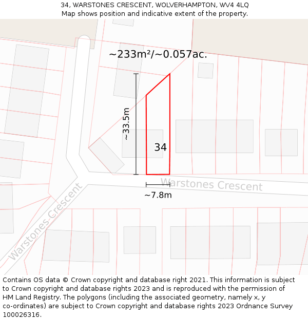 34, WARSTONES CRESCENT, WOLVERHAMPTON, WV4 4LQ: Plot and title map