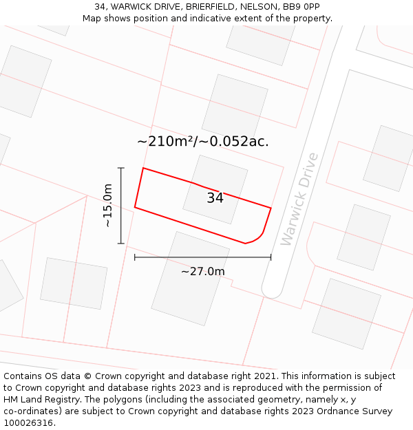 34, WARWICK DRIVE, BRIERFIELD, NELSON, BB9 0PP: Plot and title map