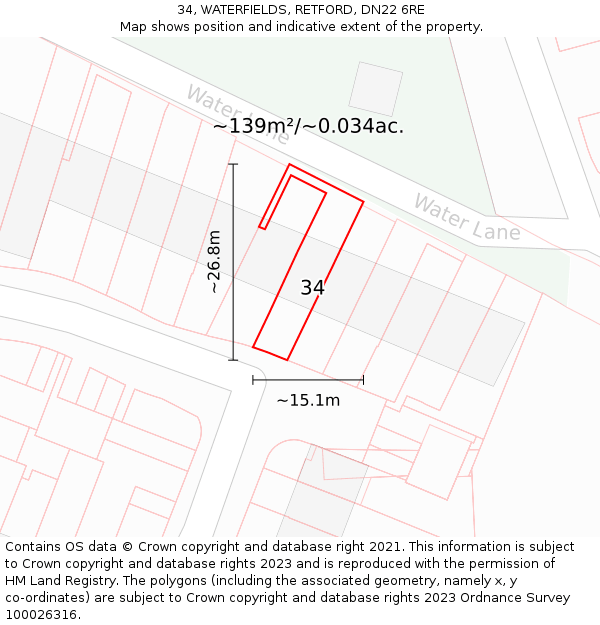 34, WATERFIELDS, RETFORD, DN22 6RE: Plot and title map