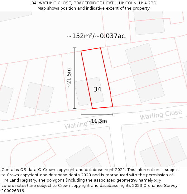 34, WATLING CLOSE, BRACEBRIDGE HEATH, LINCOLN, LN4 2BD: Plot and title map
