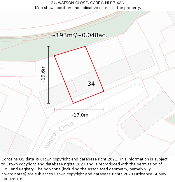 34, WATSON CLOSE, CORBY, NN17 4AN: Plot and title map