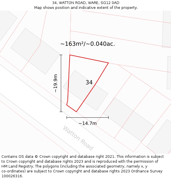 34, WATTON ROAD, WARE, SG12 0AD: Plot and title map