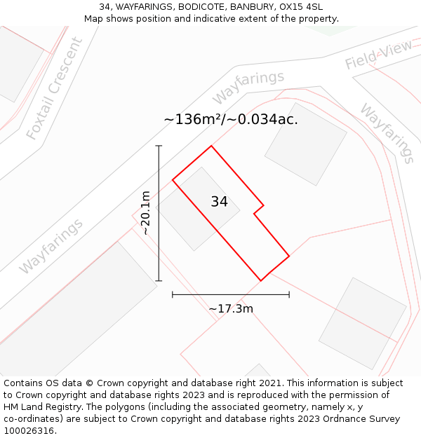 34, WAYFARINGS, BODICOTE, BANBURY, OX15 4SL: Plot and title map