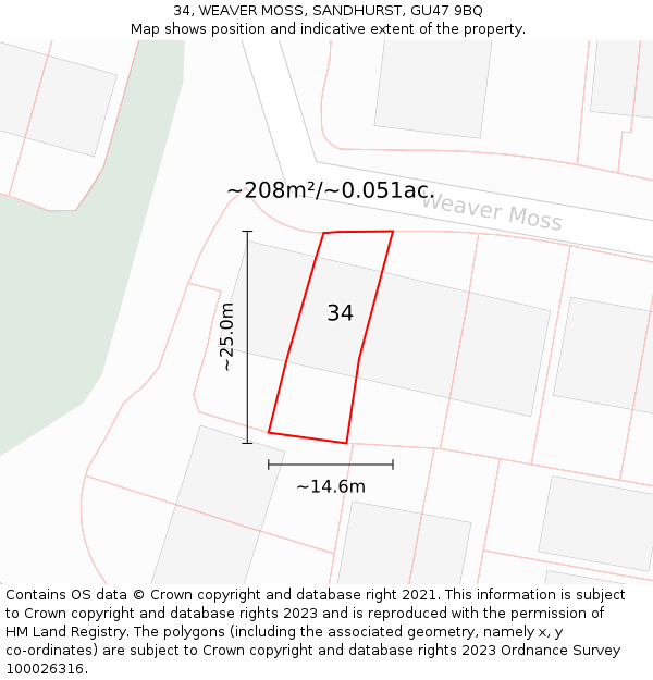 34, WEAVER MOSS, SANDHURST, GU47 9BQ: Plot and title map
