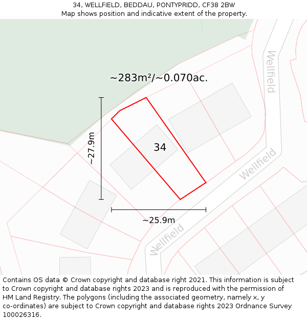 34, WELLFIELD, BEDDAU, PONTYPRIDD, CF38 2BW: Plot and title map