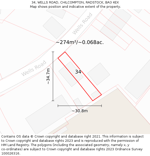 34, WELLS ROAD, CHILCOMPTON, RADSTOCK, BA3 4EX: Plot and title map