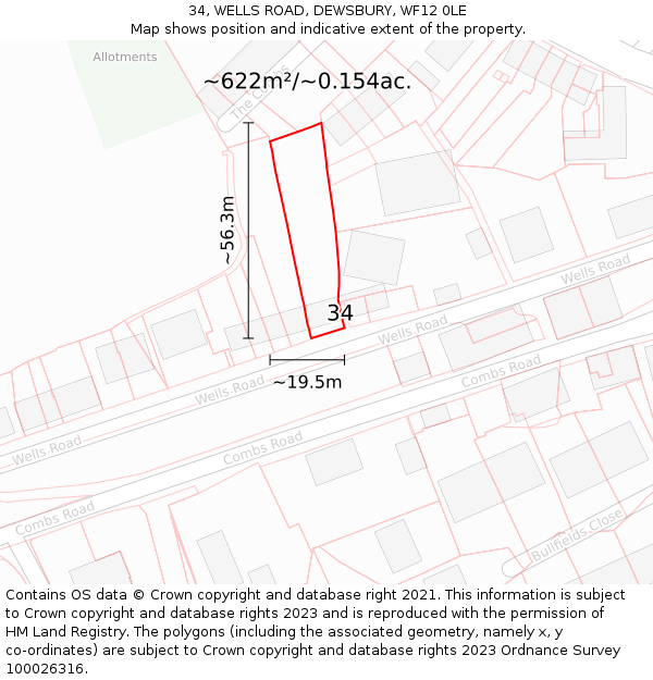 34, WELLS ROAD, DEWSBURY, WF12 0LE: Plot and title map