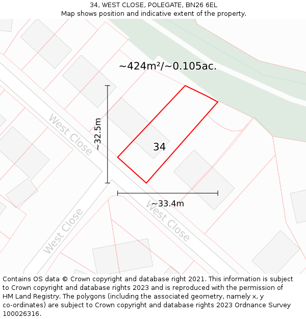 34, WEST CLOSE, POLEGATE, BN26 6EL: Plot and title map