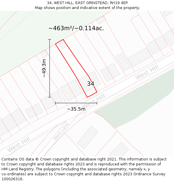 34, WEST HILL, EAST GRINSTEAD, RH19 4EP: Plot and title map
