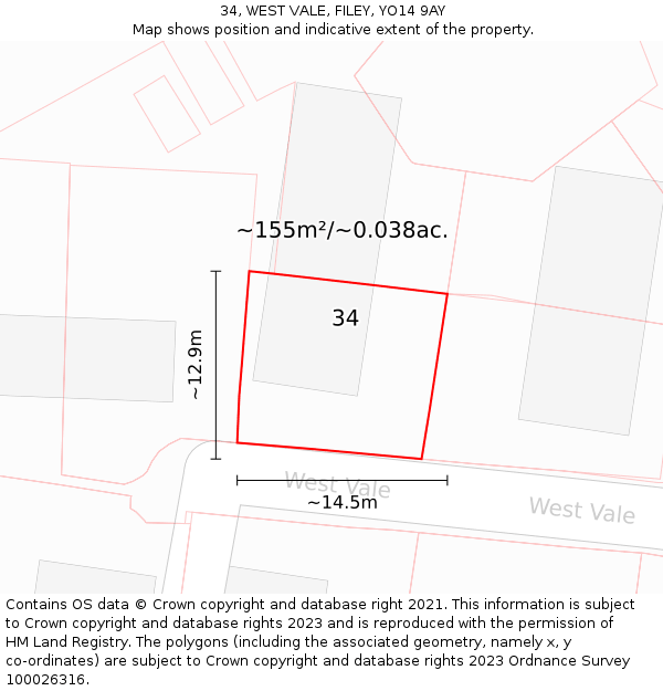 34, WEST VALE, FILEY, YO14 9AY: Plot and title map