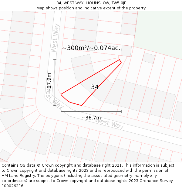 34, WEST WAY, HOUNSLOW, TW5 0JF: Plot and title map