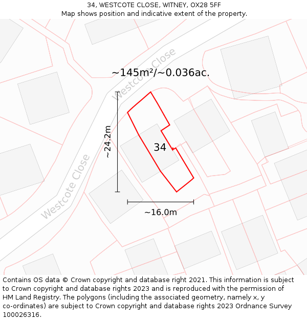 34, WESTCOTE CLOSE, WITNEY, OX28 5FF: Plot and title map