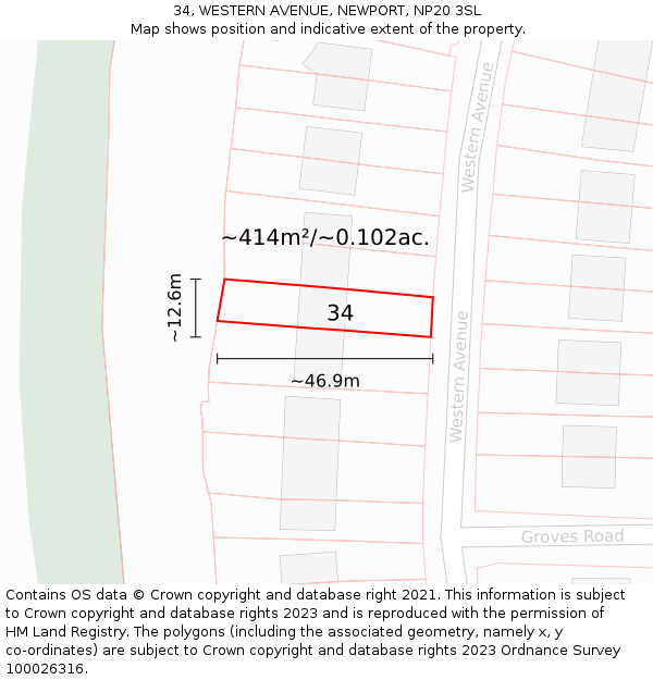 34, WESTERN AVENUE, NEWPORT, NP20 3SL: Plot and title map