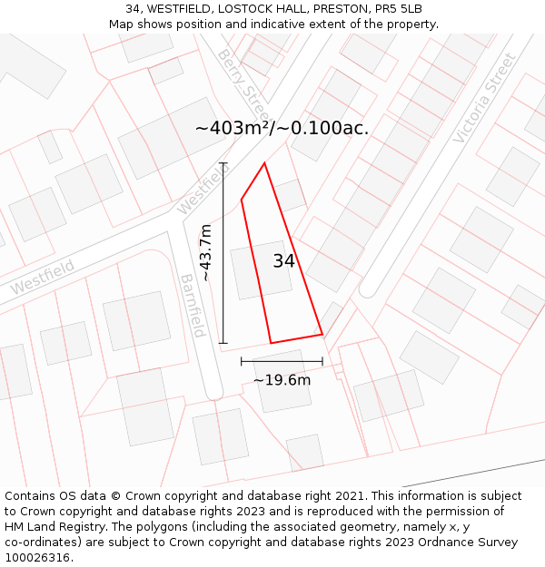 34, WESTFIELD, LOSTOCK HALL, PRESTON, PR5 5LB: Plot and title map