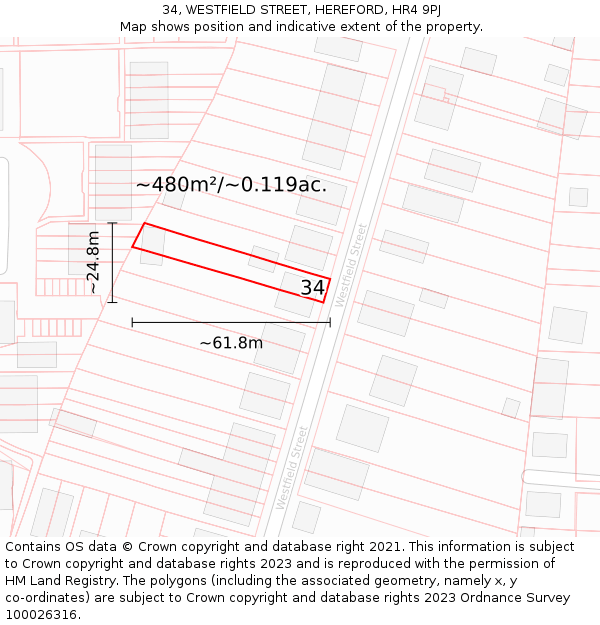 34, WESTFIELD STREET, HEREFORD, HR4 9PJ: Plot and title map