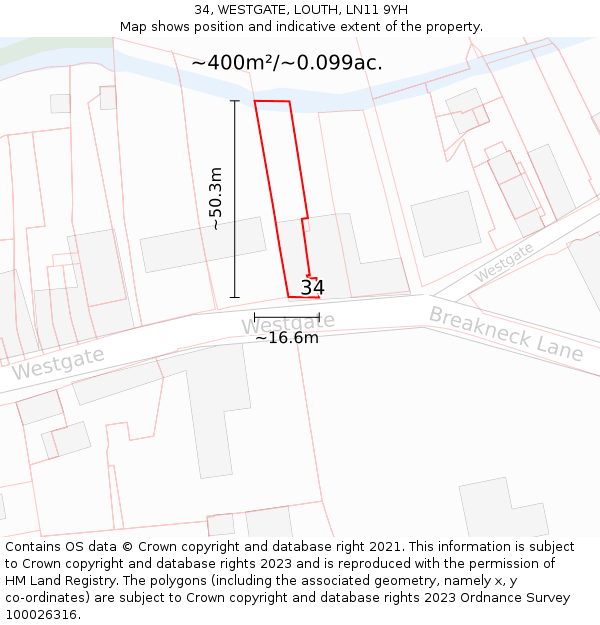 34, WESTGATE, LOUTH, LN11 9YH: Plot and title map