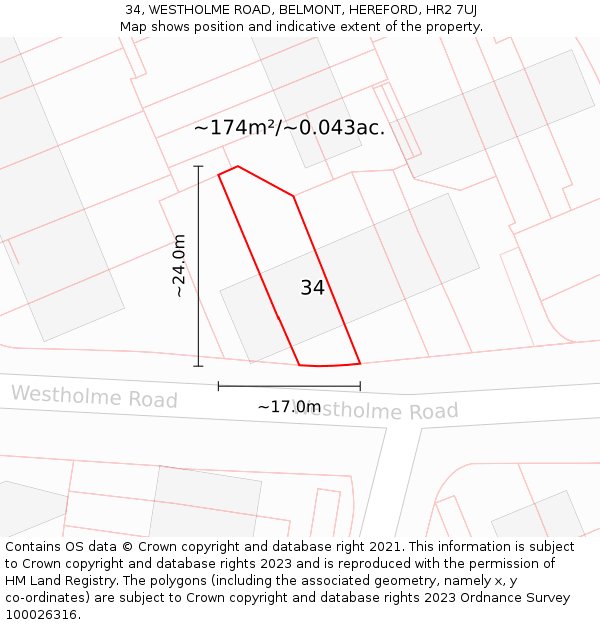 34, WESTHOLME ROAD, BELMONT, HEREFORD, HR2 7UJ: Plot and title map