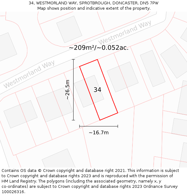 34, WESTMORLAND WAY, SPROTBROUGH, DONCASTER, DN5 7PW: Plot and title map